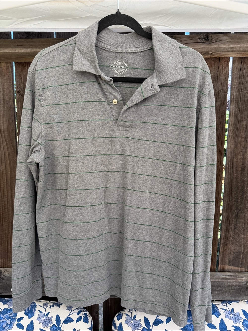 St. John's Bay Gray Polo with Thin Green Stripes - Long Sleeve